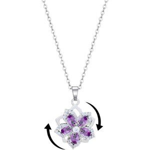 Women Flower Fidget Silver Purple Set Necklace Rotatable Crystal Blossom Pendant